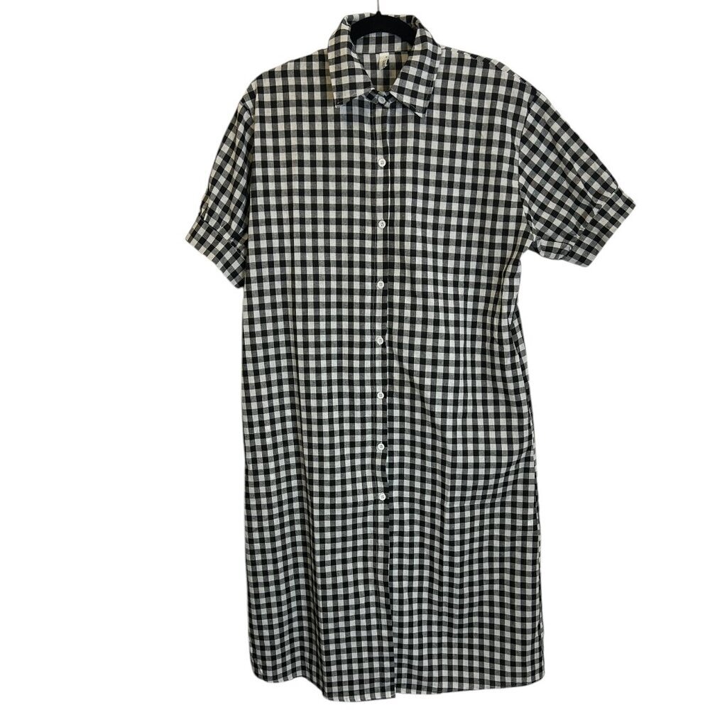 Linen Blend Black White Gingham Shirt Dress Sz S Midi Short Sleeve Sustainable